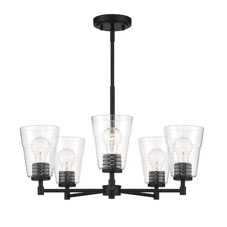 Designers Fountain Ingo 5 Light Modern Matte Black with Clear Ribbed Glass Shades Chandelier For Dining Rooms D230M-5CH-MB